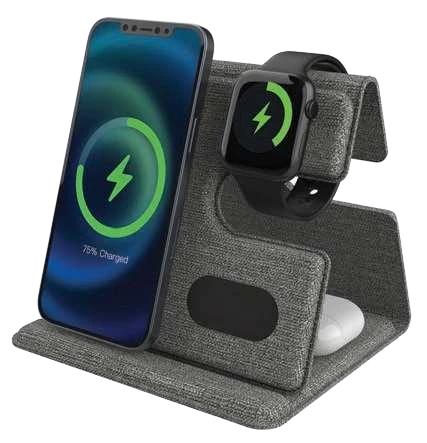 Trevilo 3-in-1 15W Wireless Charging Stand – Foldable multi-device charger with phone watch earbuds
