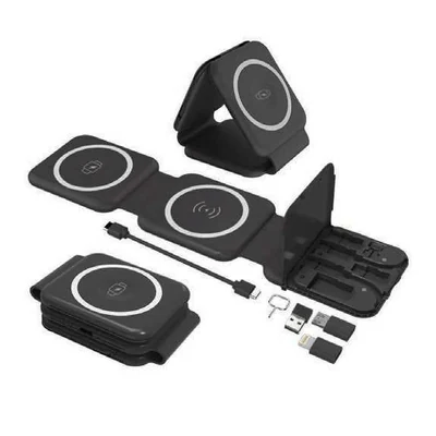Viarel Dual Wireless Travel Charger with Multi-Cable Set – Black multi-device charging cable set in multiple positions