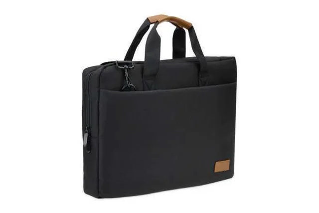 Norvian 15-inch Padded Laptop Bag, Black laptop bag with tan handles and trim