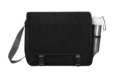 Meridon 600D Polyester Messenger Bag, Black messenger bag with shoulder strap and bottle prop