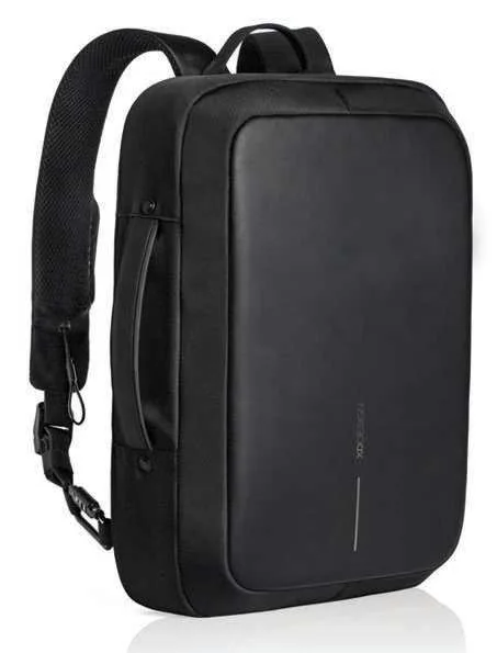XD Design Bobby Bizz 2-in-1 Backpack and Briefcase, Black convertible backpack and briefcase, front three-quarter view