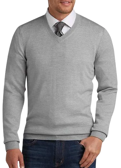Halvero V-Neck Acrylic Sweater, Grey V-neck sweater worn with shirt and tie props