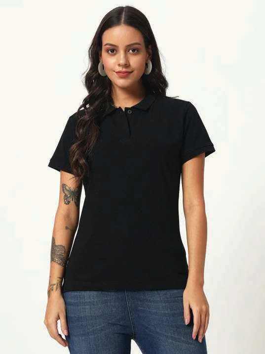 Renvara Women's 210 GSM Cotton-Blend Polo, Women’s black recycled-fabric polo worn from the front