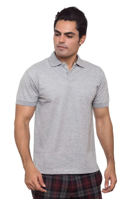 Velmaro Men's 220 GSM Cotton-Blend Polo Shirt, Men’s grey melange polo worn from the front