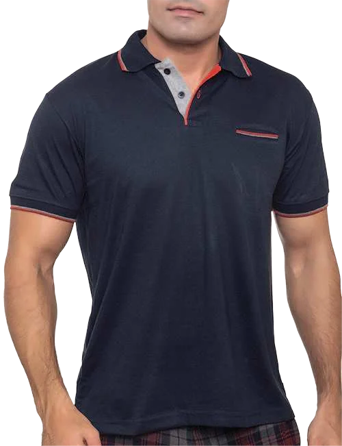 Trevello Men's Contrast-Trim Cotton-Blend Polo, Navy polo with red and grey contrast trim