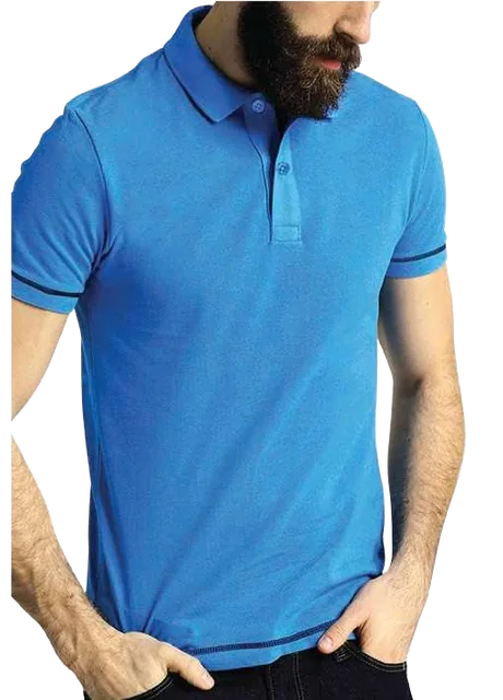 Carribean Contrast-Stitch Polyester Polo Shirt, Blue contrast-trim polo worn from the front