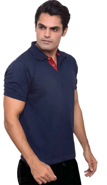 Halvoro Men's Contrast-Placket Cotton-Rich Polo, Navy blue polo with red contrast placket