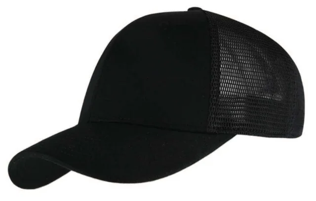 Meshora Six-Panel Trucker Cap, Black trucker cap, three-quarter view