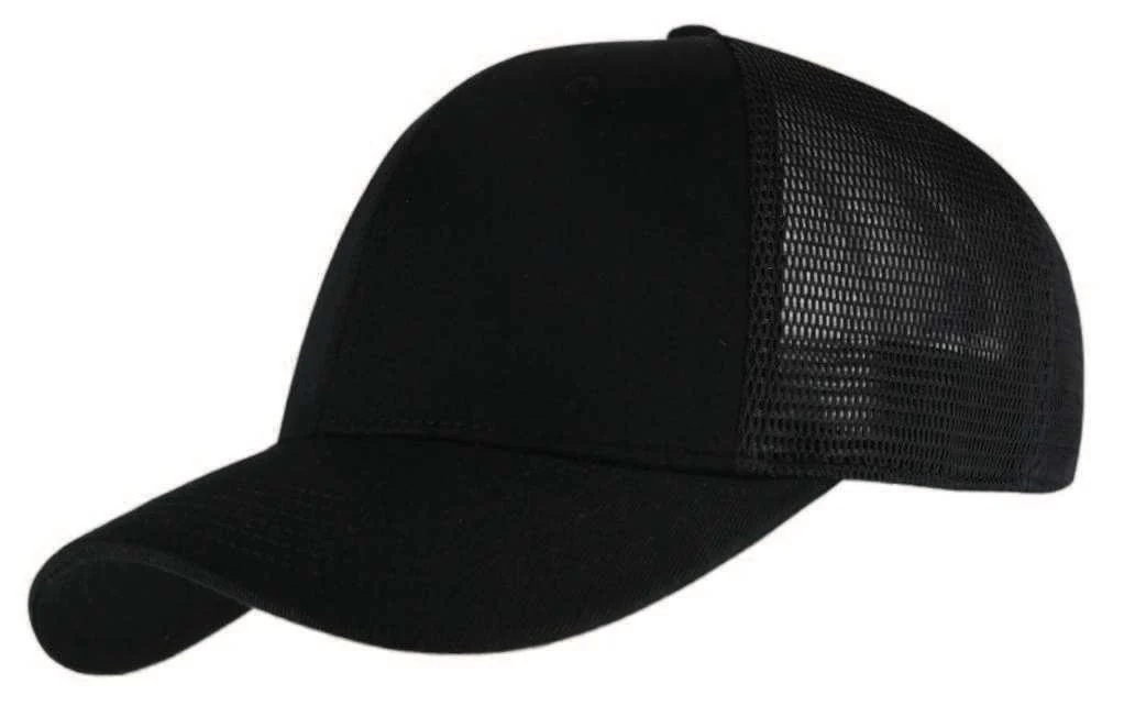 Meshora Six-Panel Trucker Cap, Black trucker cap, three-quarter view