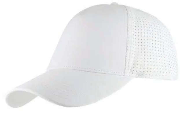 Aerden Laser-Cut Five-Panel Cap, White performance cap with laser-cut side panels
