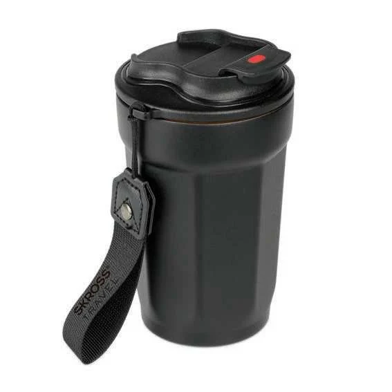 SKROSS 480ml Insulated Travel Tumbler, Black insulated tumbler with carry strap and closed lid