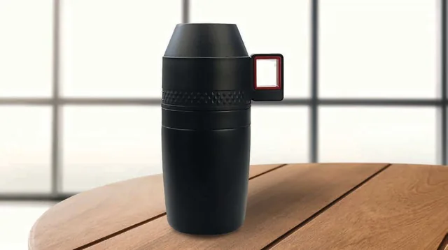 SKROSS Manual Coffee Maker with 160ml Tumbler, Assembled black travel coffee maker on a table