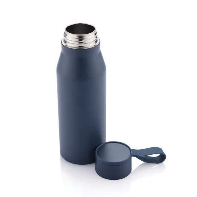 Hans Larsen Sorellan Steel Water Bottle, Navy blue recycled steel bottle with loop lid removed