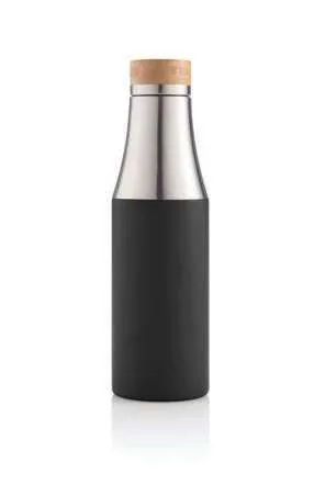Hans Larsen Bravik 560ml Bamboo-Lid Bottle, Black bottle with bamboo lid