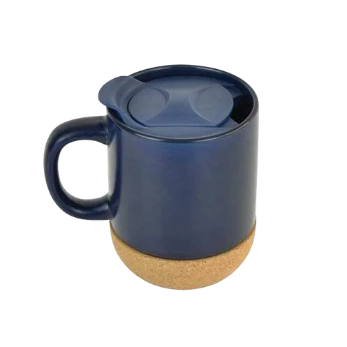 Giftology Lucen 330ml Ceramic Cork-Base Mug, Blue ceramic mug with lid and cork base