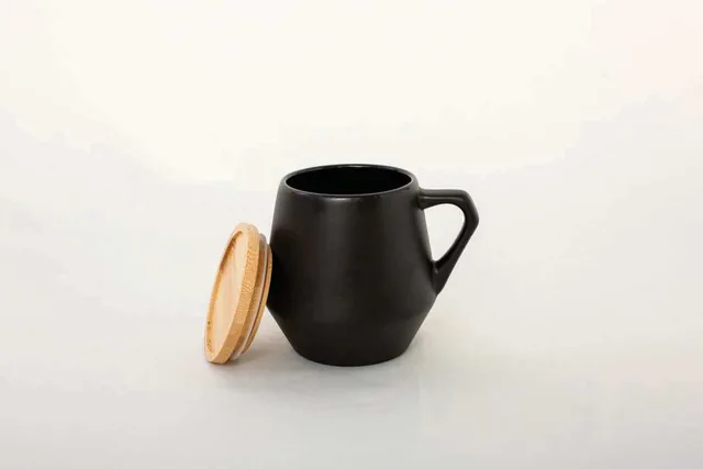 Sevrin 300ml Ceramic Mug with Bamboo Lid, Black ceramic mug with bamboo lid removed