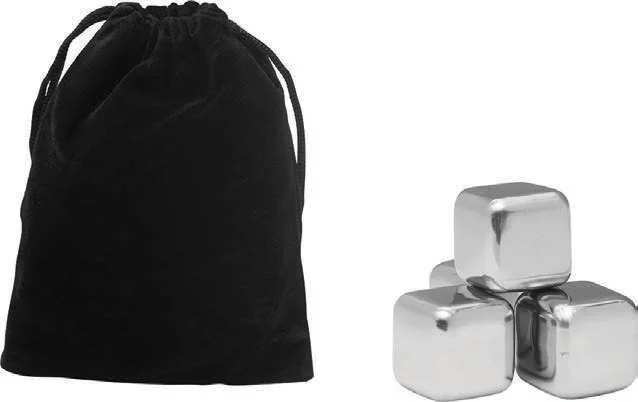 Fjorin Four-Piece Steel Drink-Chilling Set, Reusable steel ice cubes and black drawstring pouch