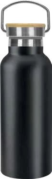 Almryn 500ml Bottle with Bamboo Lid, Black bottle with bamboo and steel handle cap