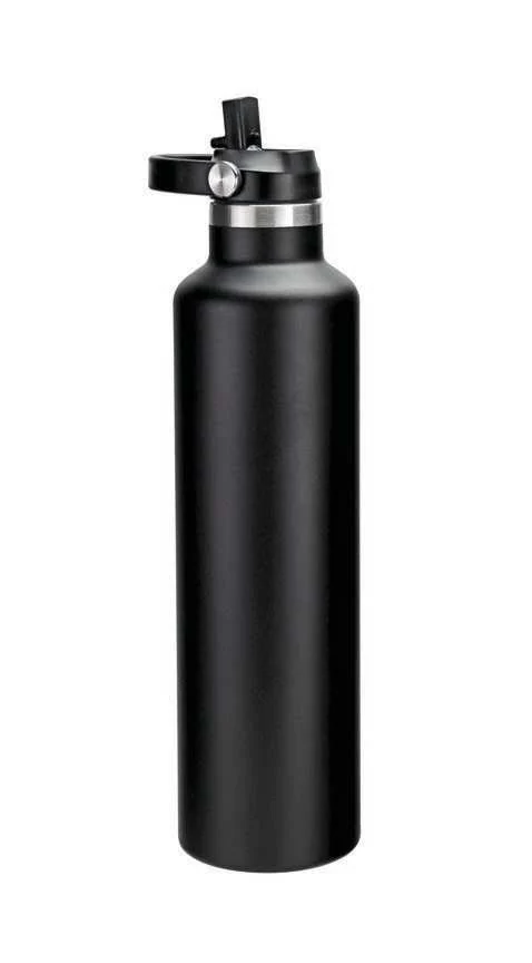 Hans Larsen Stravik 1L Straw Bottle, Black vacuum bottle with flip straw lid