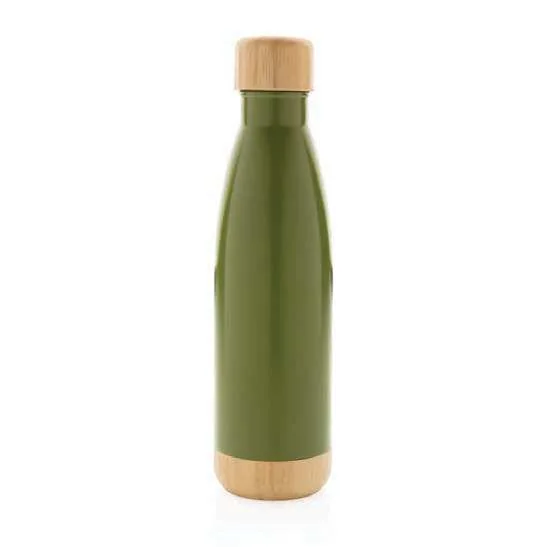 Bambren 520ml Bamboo-Accent Bottle, Green vacuum bottle with bamboo cap and base