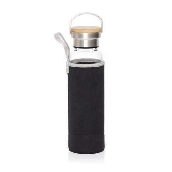 Hans Larsen Glasora 500ml Glass Bottle, Glass bottle with black sleeve and bamboo lid