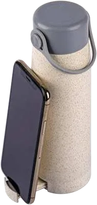 eco-neutral Ravilo 380ml Bottle with Phone Stand, Wheat straw exterior glass bottle supporting a phone