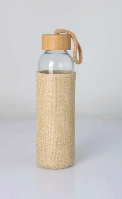 eco-neutral Juvren 500ml Glass Bottle, Glass bottle with jute sleeve and bamboo carrying lid