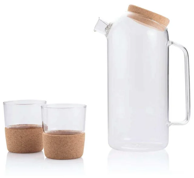 Hans Larsen Cortena Carafe & Tumbler Set, Glass carafe and two cork-sleeved tumblers
