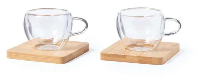 eco-neutral Pavren Espresso Cup & Coaster Set, Two glass espresso cups with bamboo coasters