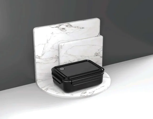 Hans Larsen Bravren Steel Lunch Box, Closed steel lunch box on a counter