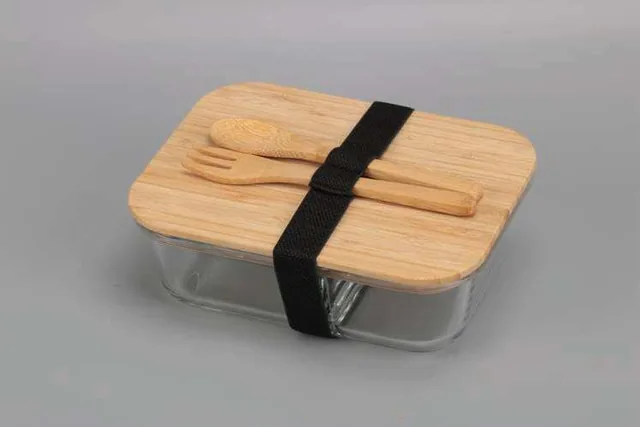 Hans Larsen Trivella Glass Lunch Box, Glass lunch box with bamboo lid, cutlery and elastic band