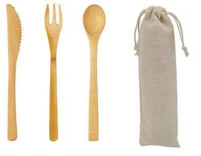 Bambrel Bamboo Cutlery Set with Pouch, Three bamboo utensils and pouch, source arrangement