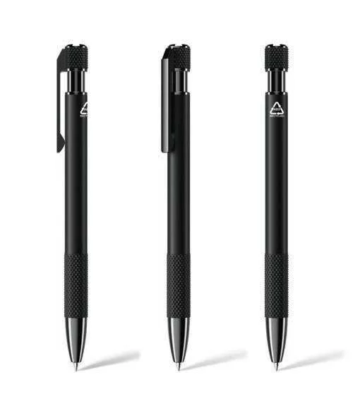 Axlin Aluminium Push-Button Pen, Black pen shown in multiple angles