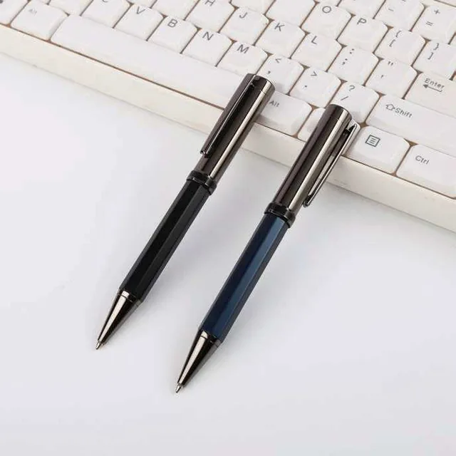Giftology Axgos Twist Metal Ballpoint Pen, Black and blue twist pens on a desk