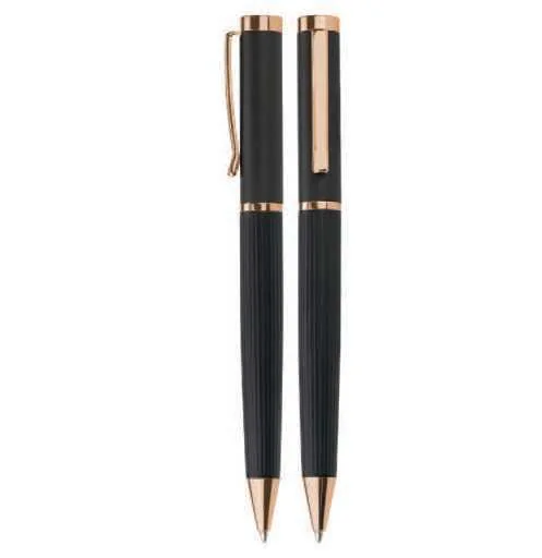 Porello Matte Metal Ballpoint Pen, Black pen with copper-colour trims, front and rear