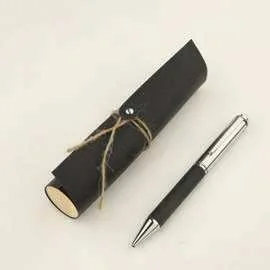 eco-neutral Korvello Leather Pen & Tube, Black recycled-leather pen and tube