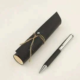 eco-neutral Korvello Leather Pen & Tube, Black recycled-leather pen and tube