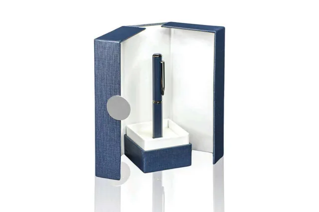 Santhome Kavero Geometric Roller Pen, Blue rollerball pen with presentation box