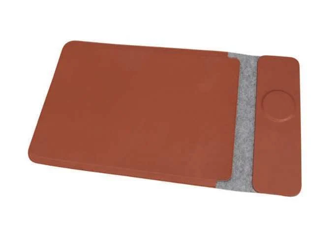 Giftology Camvero 15W Charging Laptop Sleeve, Tan laptop sleeve opened as desk mat