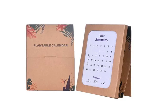 eco-neutral Calvero 2026 Paper Desk Calendar, Seed-paper calendar and packaging