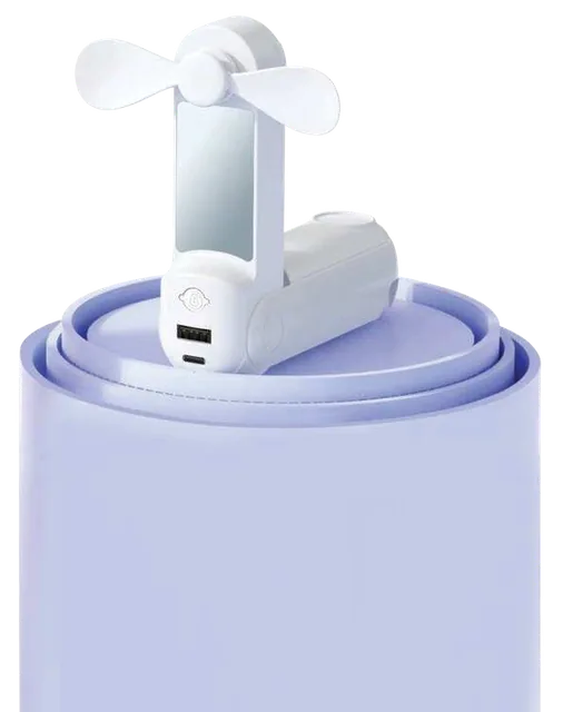 Fandora Five-in-One Hand Fan and 1200mAh Power Bank, White multifunction fan unfolded on display plinths
