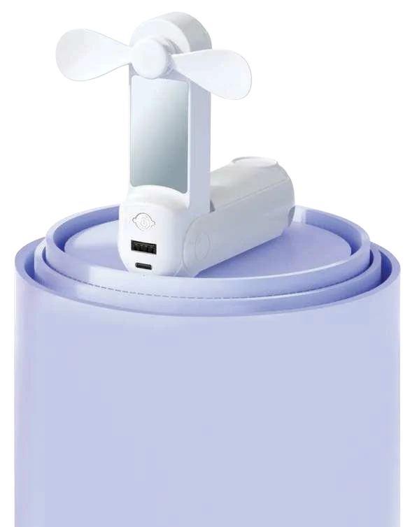 Fandora Five-in-One Hand Fan and 1200mAh Power Bank, White multifunction fan unfolded on display plinths