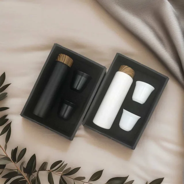 Qahvella 400ml Bottle and Two-Cup Coffee Gift Set, Black and White bottle-and-two-cup sets in gift boxes