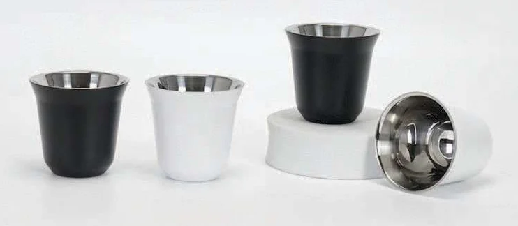 Sahvella 90ml Stainless Steel Arabic Coffee Cup, Black and White coffee cup views in a table arrangement
