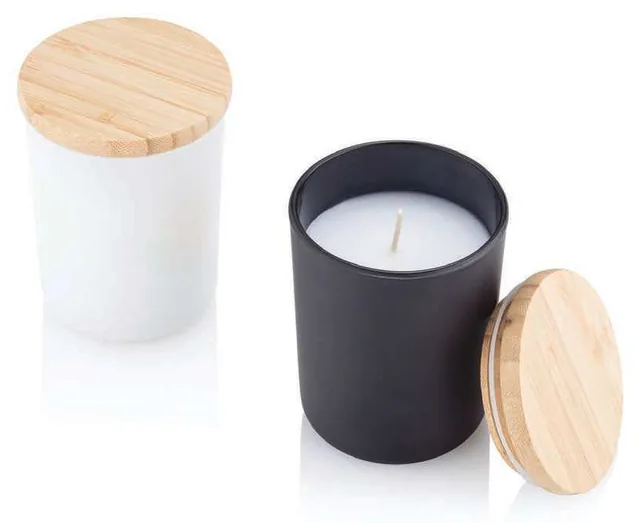 Oudora Arabian Oud Candle with Bamboo Lid, White closed candle and Black open candle with bamboo lid