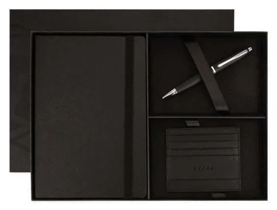 Cross Notebook, Pen and Leather Card Holder Set, Black notebook, pen and leather card holder in Cross gift box