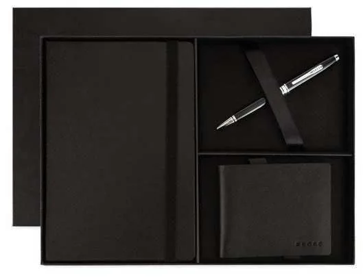 Cross A5 Notebook, Pen and Bi-Fold Wallet Set, Black notebook, pen and bi-fold wallet in Cross gift box
