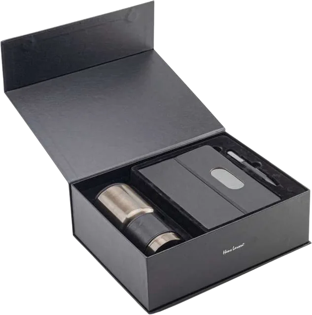 Gravello Notebook, Pen and 530ml Tumbler Gift Set, Black notebook, pen and tumbler gift set in box