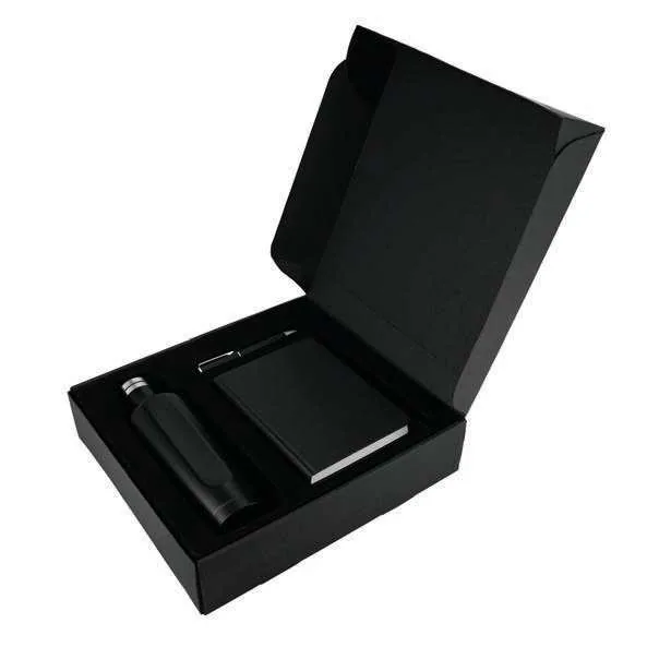 Arvessio Bottle, A5 Notebook and Pen Gift Set, Black bottle, notebook and pen gift set in box