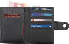 Traveccio Eight-Compartment Travel Wallet, Leather travel wallet opened; passport, cash and sample cards shown for illustration, not included